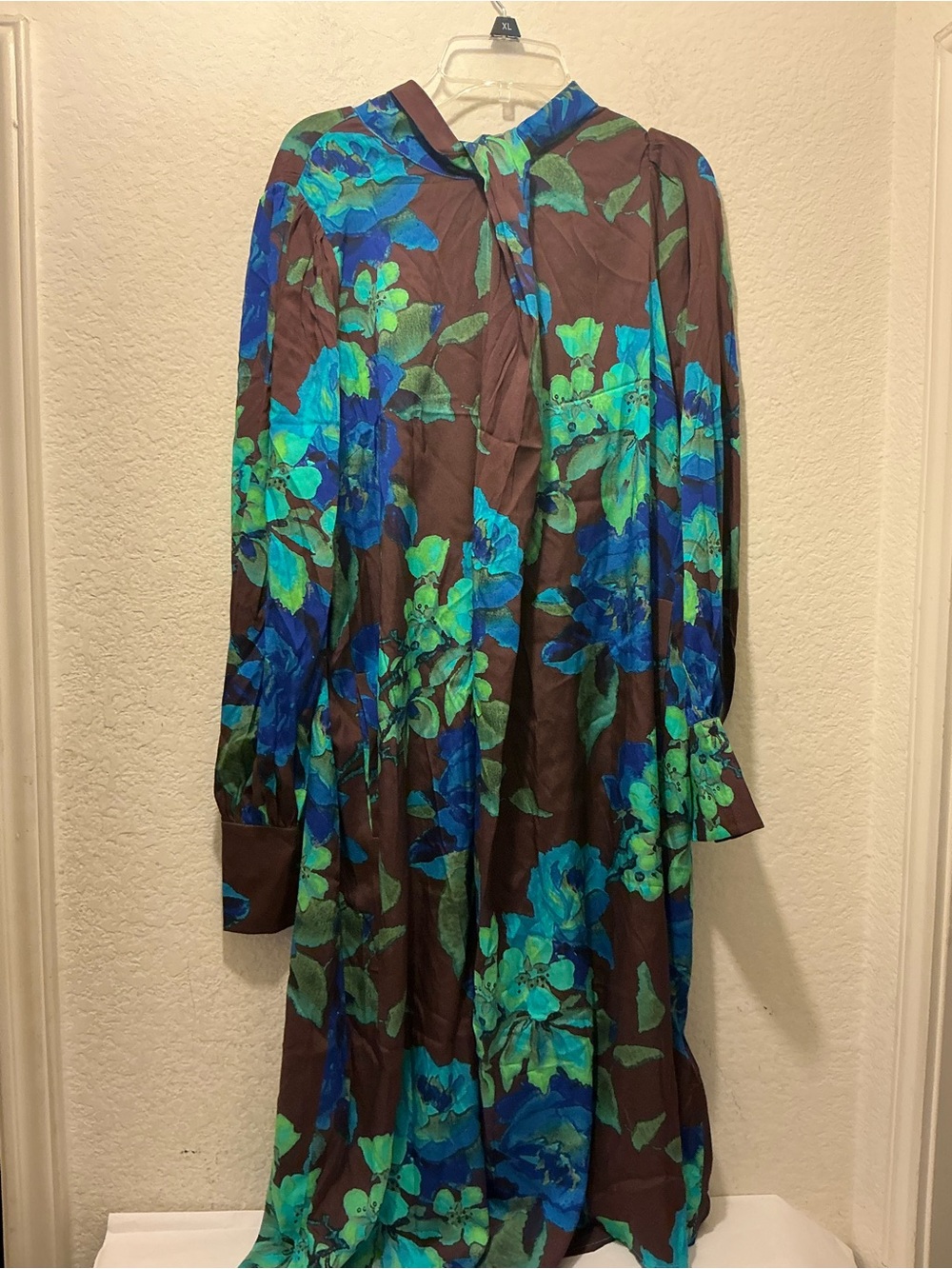 New Psophia Vasquez de Castro Blue Green Floral Tie-Neck Long-Sleeve Dress silk